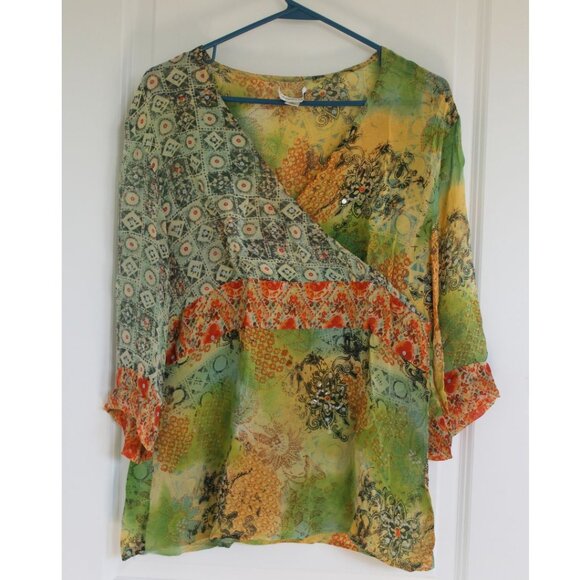Coldwater Creek Top 100% Silk Blouse Faux Wrap Womens M Orange Green Boho 70's - Picture 1 of 8